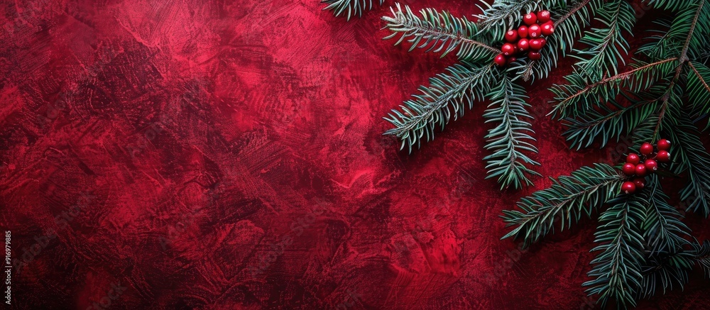 Spruce tree branches on a red velvet background creating a festive Christmas decoration setting Top down view emphasizes the card concept with ample copy space image Spruce tree branches on a red velvet background creating a festive Christmas decoration setting Top down view emphasizes the card concept with ample copy space image