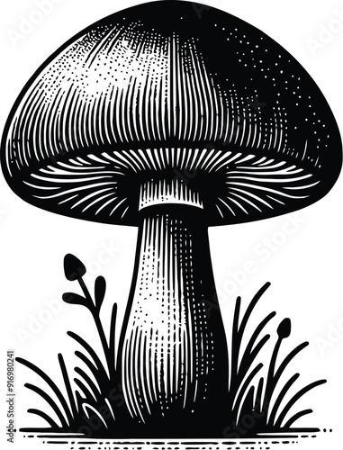 Set of different mushroom silhouettes, graphic drawing with lines, black and white cut truffle, porcini mushroom, shiitake, and chanterelles isolated. Vector illustration silhouette