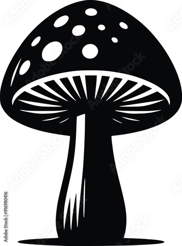 Set of different mushroom silhouettes, graphic drawing with lines, black and white cut truffle, porcini mushroom, shiitake, and chanterelles isolated. Vector illustration silhouette