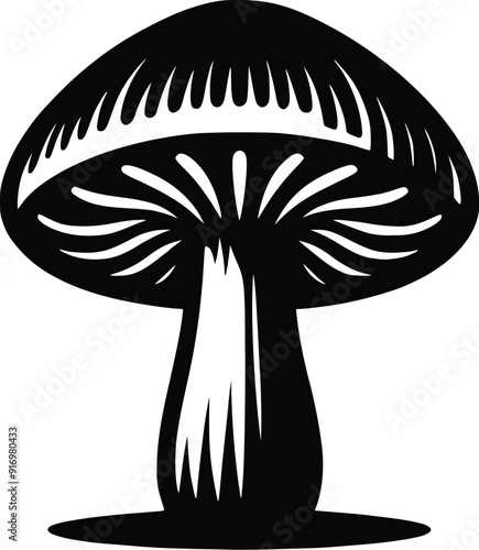 Set of different mushroom silhouettes, graphic drawing with lines, black and white cut truffle, porcini mushroom, shiitake, and chanterelles isolated. Vector illustration silhouette