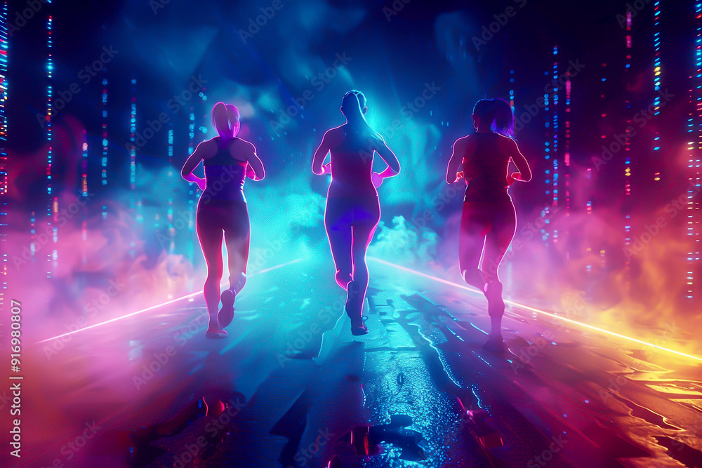 Athletes practicing over multicolored background, neon light, concept of sport, front view, showcasing competition and action, cybernetic tone, vivid Athletes practicing over multicolored background, neon light, concept of sport, front view, showcasing competition and action, cybernetic tone, vivid