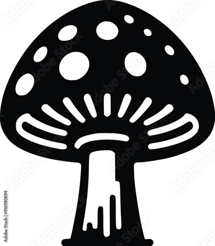 Set of different mushroom silhouettes, graphic drawing with lines, black and white cut truffle, porcini mushroom, shiitake, and chanterelles isolated. Vector illustration silhouette