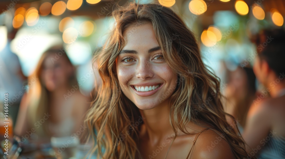 Smiling woman enjoying a summer evening with friends at a rooftop cocktail party Smiling woman enjoying a summer evening with friends at a rooftop cocktail party