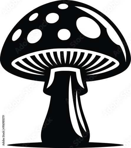 Set of different mushroom silhouettes, graphic drawing with lines, black and white cut truffle, porcini mushroom, shiitake, and chanterelles isolated. Vector illustration silhouette