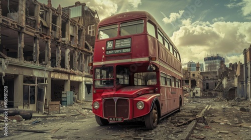 Red Double Decker Bus in a Post-Apocalyptic Cityscape photo