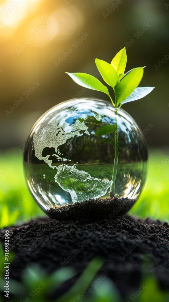 A globe placed on green grass, with a tree sapling growing next to it, representing growth and sustainability A globe placed on green grass, with a tree sapling growing next to it, representing growth and sustainability