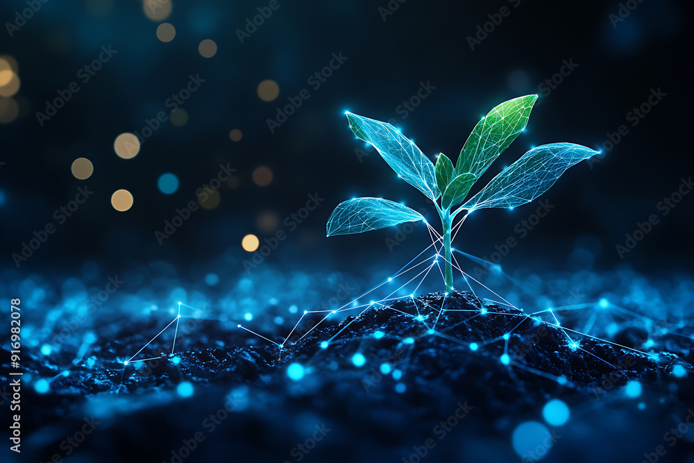 An abstract digital background illustrating a small plant emerging from the ground