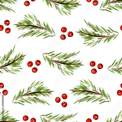 Christmas seamless pattern watercolor pine tree twigs and red holly berries, new year holiday decor