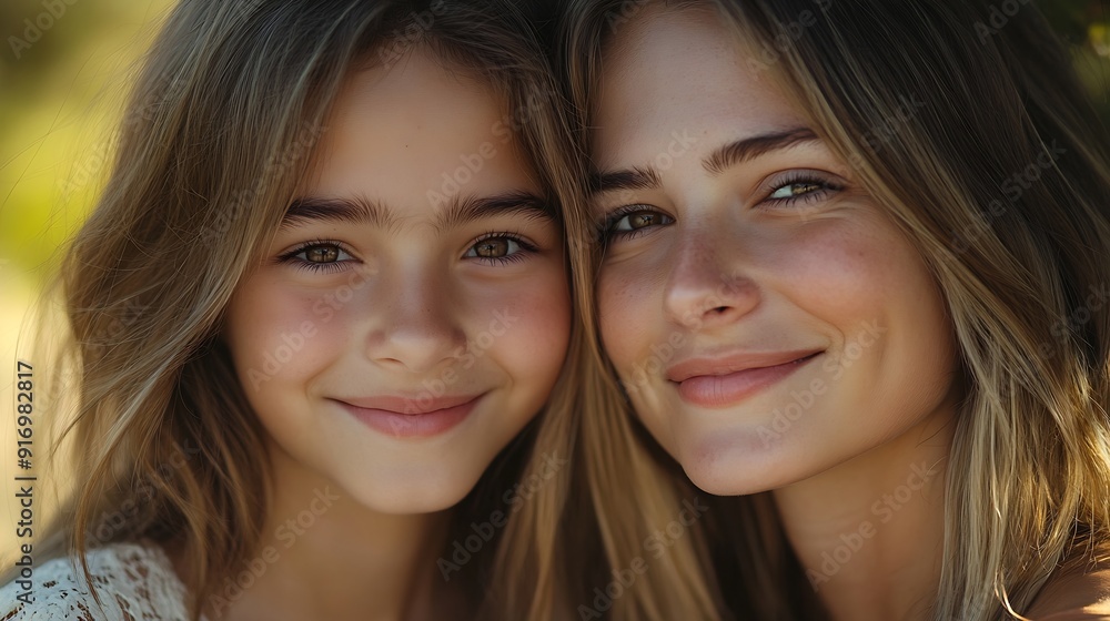 Obraz premium Portrait happy smiling mother and teenage daughter with long hair : Generative AI