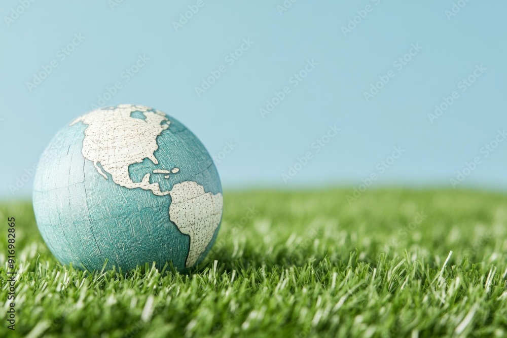 A handmade globe resting on lush green grass, with a clear blue sky in the background A handmade globe resting on lush green grass, with a clear blue sky in the background