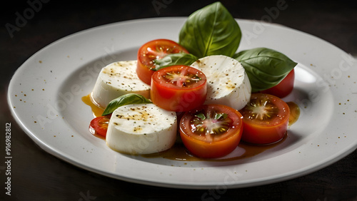 Fresh tomato and mozzarella salad served with basil on a white plate