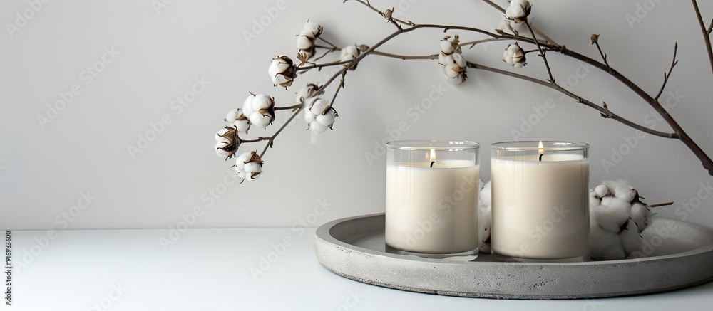 Minimalistic presentation with a concrete tray holding white candles in glass jars paired with delicate cotton flowers suitable for a mockup with ample copy space image