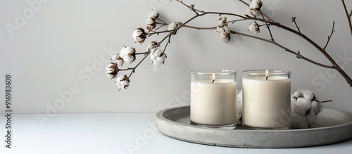 Obraz na płótnie Minimalistic presentation with a concrete tray holding white candles in glass jars paired with delicate cotton flowers suitable for a mockup with ample copy space image w salonie