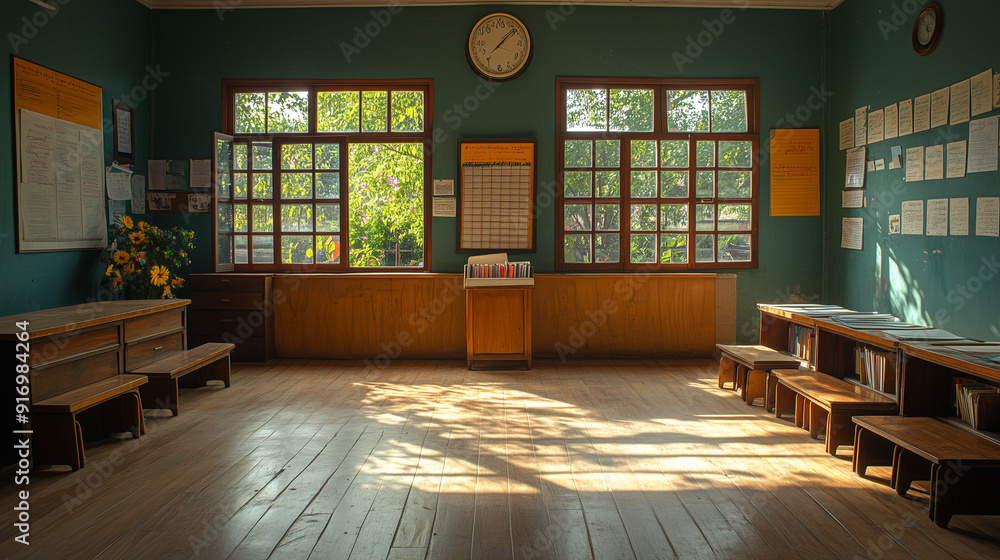 Sunlit Classroom: A rustic schoolroom bathed in warm sunlight, featuring wooden benches, a large window, and a clock on the wall. The room is filled with a sense of peace and tranquility, perfect for Sunlit Classroom: A rustic schoolroom bathed in warm sunlight, featuring wooden benches, a large window, and a clock on the wall. The room is filled with a sense of peace and tranquility, perfect for