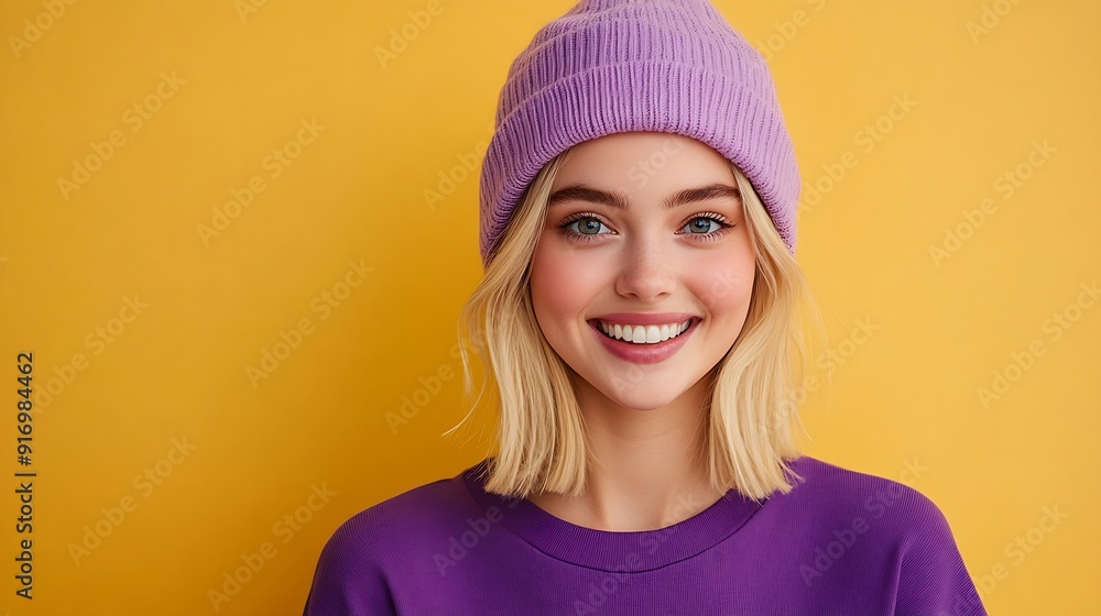 Smiling young blonde excited fun caucasian woman 20s with bob haircut bright makeup wearing basic purple shirt violet beanie hat looking camera isolated on yellow color background stud : Generative AI Smiling young blonde excited fun caucasian woman 20s with bob haircut bright makeup wearing basic purple shirt violet beanie hat looking camera isolated on yellow color background stud : Generative AI