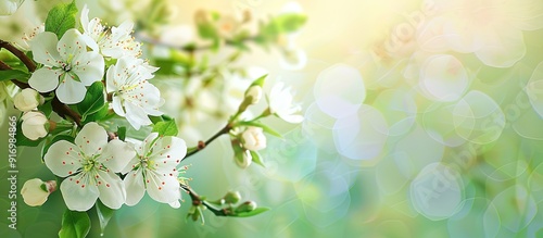 Fototapeta Naklejka Na Ścianę i Meble -  Springtime branch with white blooming fruit tree flowers providing a copy space image