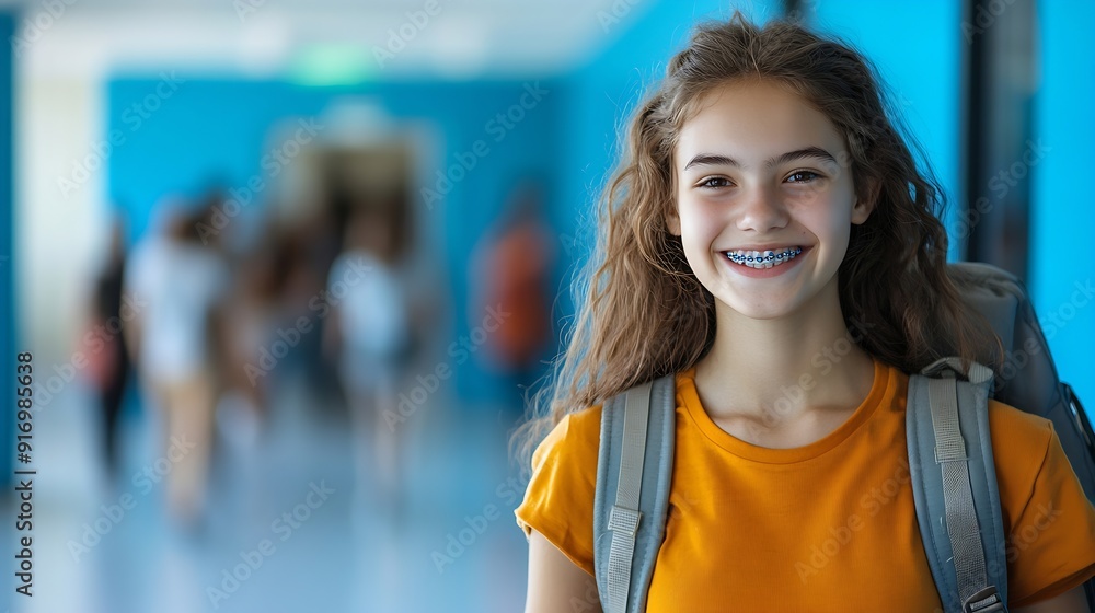 Smart smiling university student with braces on teeth holding backpack looking at camera isolated on blue background Education concept copy space : Generative AI Smart smiling university student with braces on teeth holding backpack looking at camera isolated on blue background Education concept copy space : Generative AI