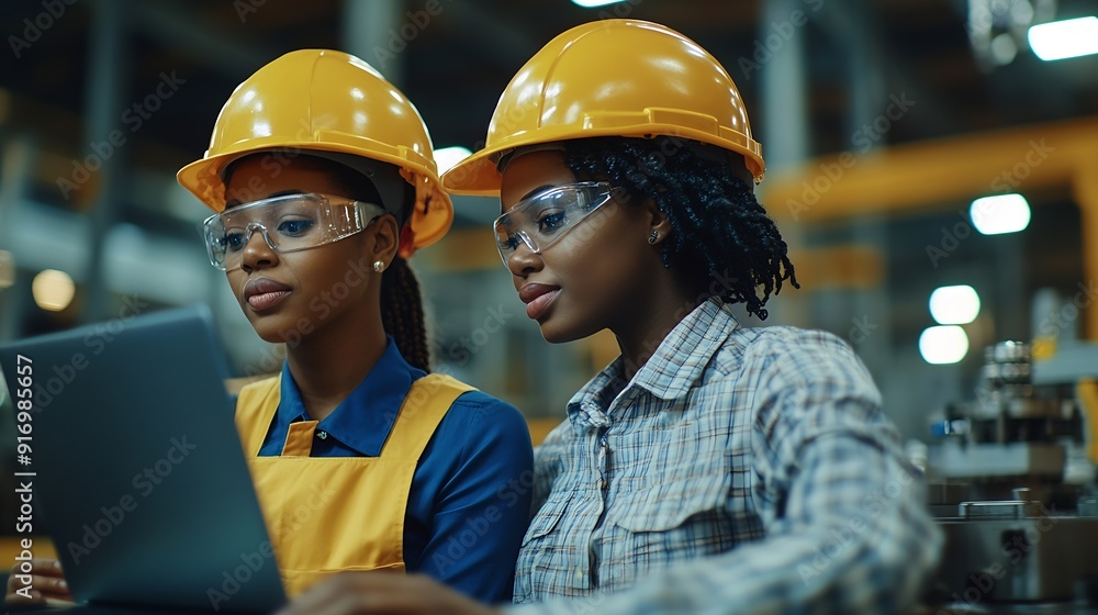 Two Female Heavy Industry Employees in Hard Hats at Factory Discussing Job Assignments at Industrial Machine Facility Using Laptop Computer Asian Engineer and African American Technici : Generative AI Two Female Heavy Industry Employees in Hard Hats at Factory Discussing Job Assignments at Industrial Machine Facility Using Laptop Computer Asian Engineer and African American Technici : Generative AI