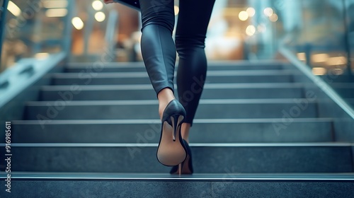 Close up legs of businesswoman hurry up walking she is late time Female business people holding laptop go to office in the modern city foot step on staircase : Generative AI