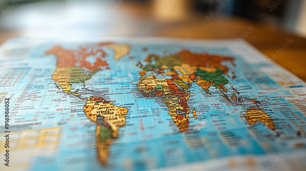 Global Exploration: A close-up of a detailed world map, showcasing continents and countries in vibrant colors, inviting viewers to embark on an adventure of discovery. The map lies open on a wooden su