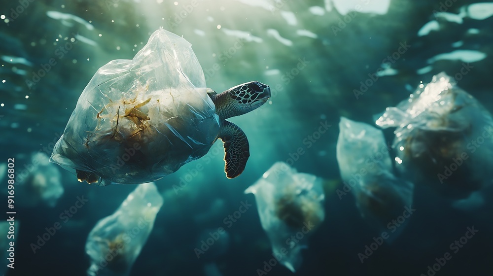 Plastic pollution in ocean environmental problem Turtles can eat plastic bags mistaking them for jellyfish : Generative AI Plastic pollution in ocean environmental problem Turtles can eat plastic bags mistaking them for jellyfish : Generative AI