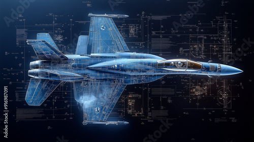 Engineering Supremacy: A sleek, futuristic fighter jet rendered in intricate detail, superimposed over complex blueprints, showcasing the pinnacle of aeronautical engineering. 