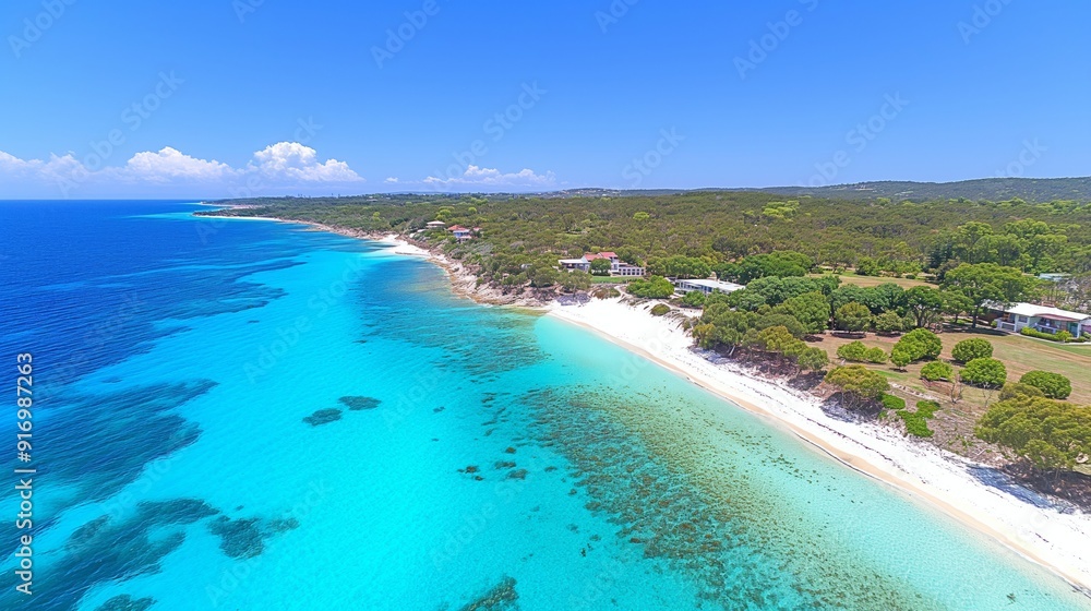 Obraz premium Aerial view of Simpson Beach with turquoise waters, white sand, and lush greenery along the coastline.