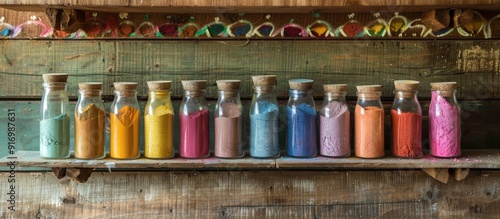 Vividly colored powder displayed in glass jars atop a rustic wooden shelf showcasing an assortment of hues with copious copy space image