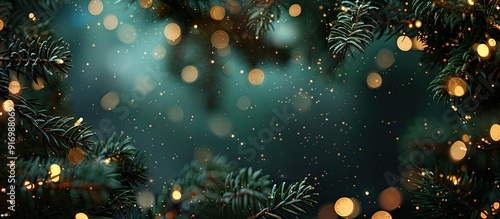 Fototapeta Naklejka Na Ścianę i Meble -  Festive holiday background featuring a border of fir branches twinkling lights and ample copy space image