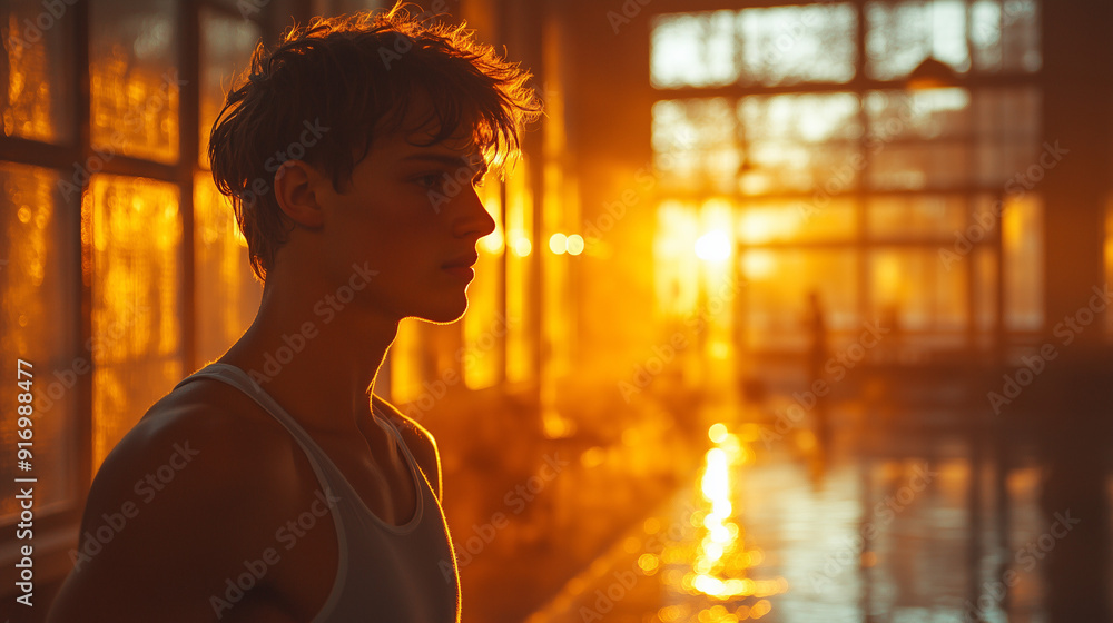 Golden Hour Silhouette: A young man stands in silhouette against a backdrop of golden sunlight streaming through large windows, creating a sense of calm and introspection. Golden Hour Silhouette: A young man stands in silhouette against a backdrop of golden sunlight streaming through large windows, creating a sense of calm and introspection.