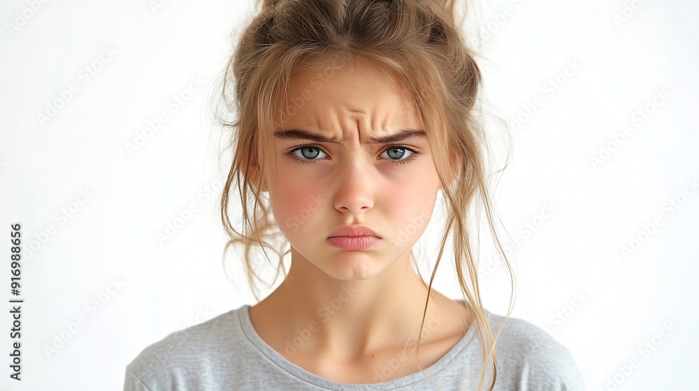 Offended sad angry caucasian preteen teenage girl schoolgirl showing negative emotions feeling frustrated isolated in white background : Generative AI Offended sad angry caucasian preteen teenage girl schoolgirl showing negative emotions feeling frustrated isolated in white background : Generative AI