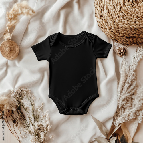 flat lay mockup of a black Bella Canvas 100b infant bodysuit, boho style decorations, photo realistic, high definition, infant bodysuit is blank, infant bodysuit is untucked, infant bodysuit mockup, photo