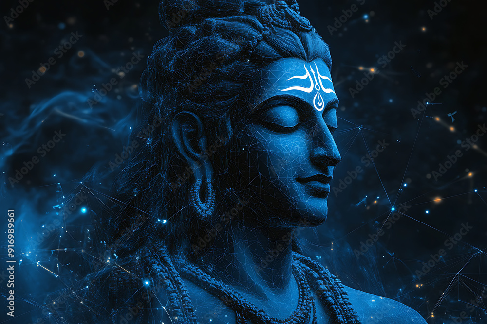 An abstract digital background featuring the revered figure of Lord Shiva set against the iconic landscape of Haridwar An abstract digital background featuring the revered figure of Lord Shiva set against the iconic landscape of Haridwar