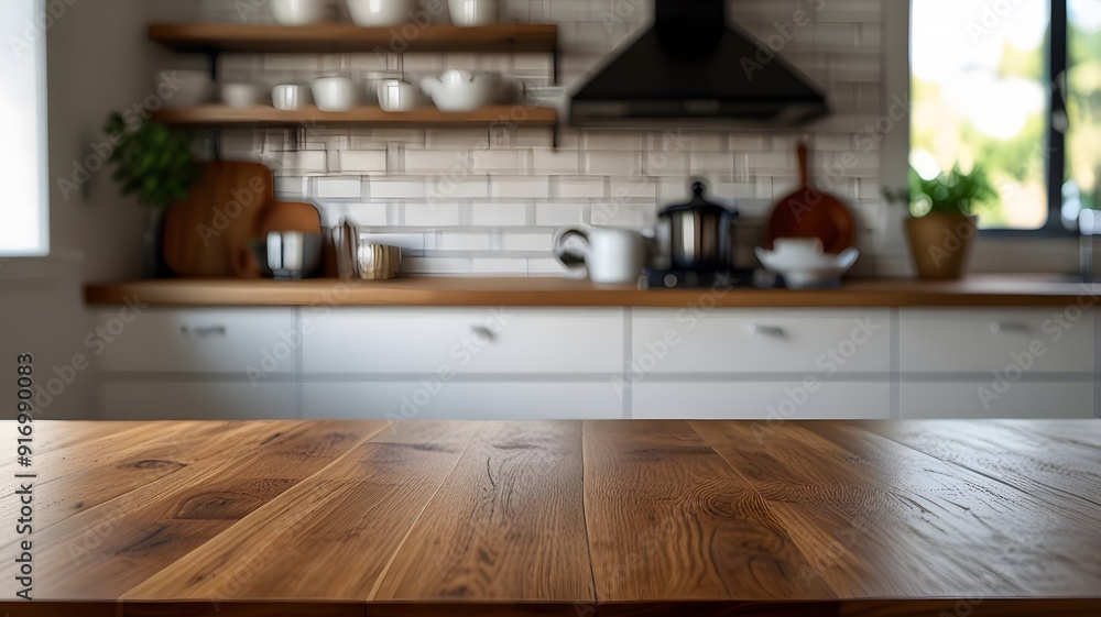 kitchen table background, wood counter top on blur of white clean abstract home interior with bokeh. used for product display or montage your wooden for dining background.. Generative AI kitchen table background, wood counter top on blur of white clean abstract home interior with bokeh. used for product display or montage your wooden for dining background.. Generative AI