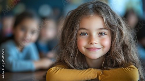 A Little Student's Radiance: A heartwarming portrait of a young girl, her captivating smile and kind eyes radiating the joy of learning, set against a backdrop of her classmates. 