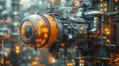 Cyberpunk Cityscape: A futuristic, high-tech, chrome and steel cityscape with a glowing, intricate machine in the foreground. The image evokes a sense of mystery, wonder, and the potential of technolo