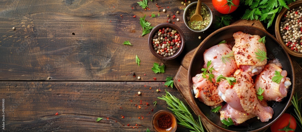 Rustic wooden table setup with marinade raw chicken wings and various items for a flat lay composition providing ample copy space image Rustic wooden table setup with marinade raw chicken wings and various items for a flat lay composition providing ample copy space image