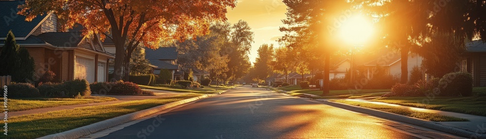 A serene suburban street at sunset, showcasing trees and houses bathed in golden light. A serene suburban street at sunset, showcasing trees and houses bathed in golden light.