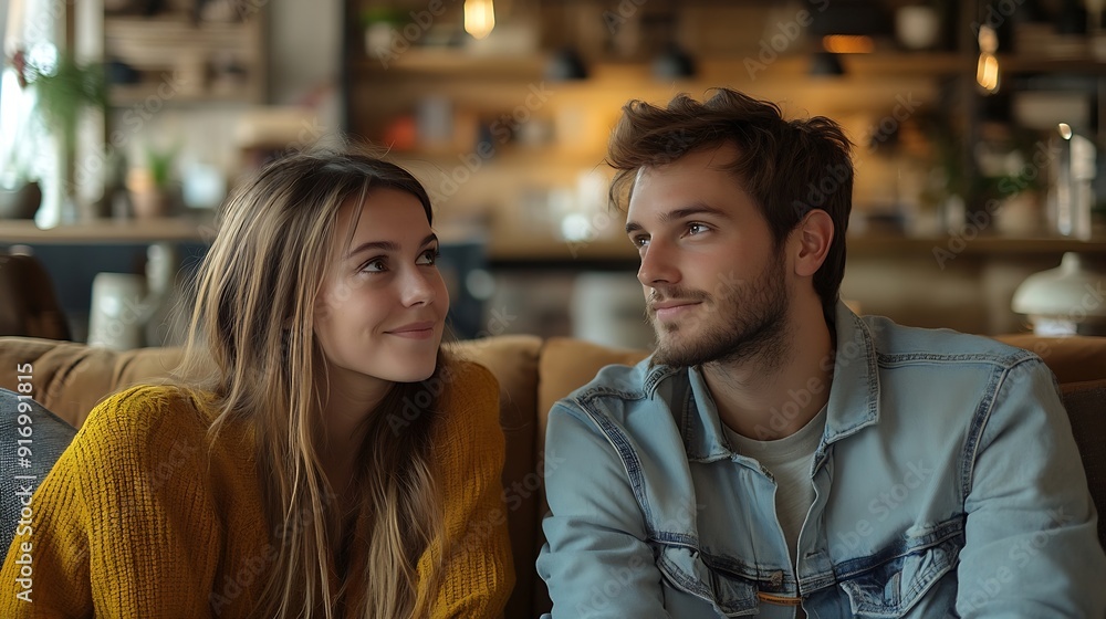Cheerful man and woman couple deciding to buy craft furniture for home : Generative AI Cheerful man and woman couple deciding to buy craft furniture for home : Generative AI