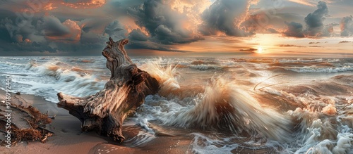 Fototapeta Naklejka Na Ścianę i Meble -  Scenic view of a vibrant sunset by the rugged seaside with a massive piece of driftwood on the beach set against stormy weather on the Baltic Sea Includes copy space image