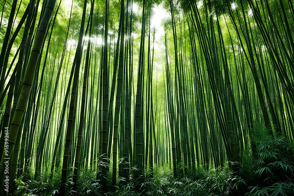 A peaceful bamboo forest where shafts of light break through the dense canopy, creating a play of light and shadow on the forest floor. The tall bamboo stalks sway gently in the breeze A peaceful bamboo forest where shafts of light break through the dense canopy, creating a play of light and shadow on the forest floor. The tall bamboo stalks sway gently in the breeze