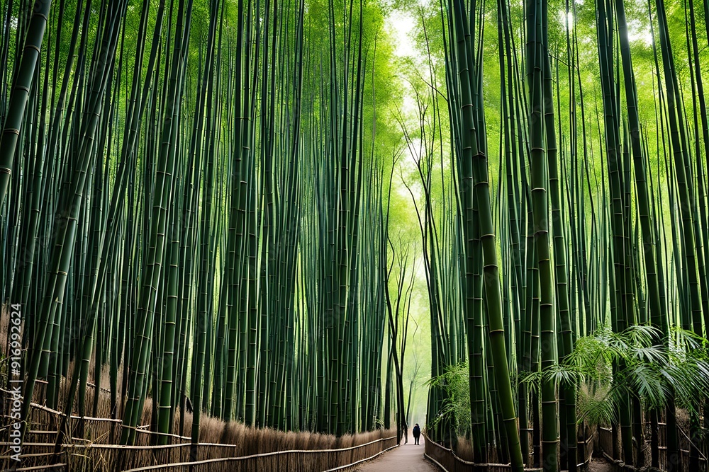 Fototapeta premium A peaceful bamboo forest where shafts of light break through the dense canopy, creating a play of light and shadow on the forest floor. The tall bamboo stalks sway gently in the breeze 