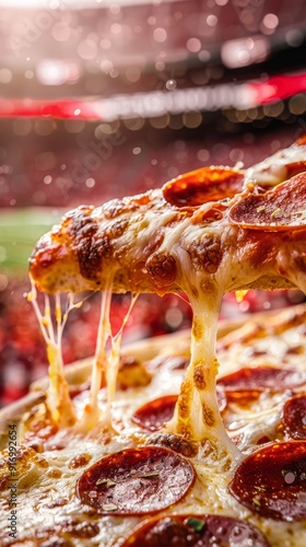 Close-Up of Pizza Slice with Blurred Football Stadium Background