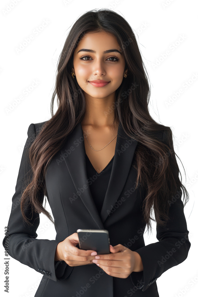Confident Young Indian Professional Woman Holding a Mobile Phone, Transparent Background Confident Young Indian Professional Woman Holding a Mobile Phone, Transparent Background