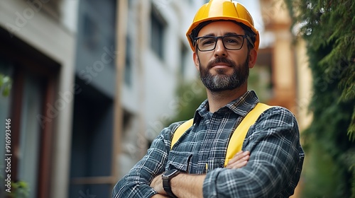 Portrait confident and male person as contractor outdoors for developing or planning of construction projects Professional architect and industry for safety with arms crossed for devel : Generative AI photo