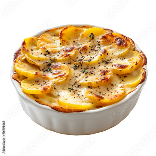 Front view of Gratin Dauphinois (potato gratin) with layers of thinly sliced potatoes baked in a creamy garlic-infused sauce, isolated on a white transparent background photo