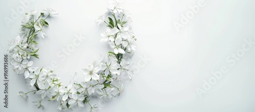 White flower wreath on a white background with ample space for text ideal for wedding and holiday themes Copy space image included