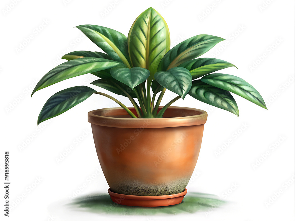 Houseplant flower in brown clay pot on white background Houseplant flower in brown clay pot on white background