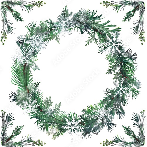 Elegant Christmas wreath with green pine branches and snowflakes on a white background, perfect for holiday decorations.
