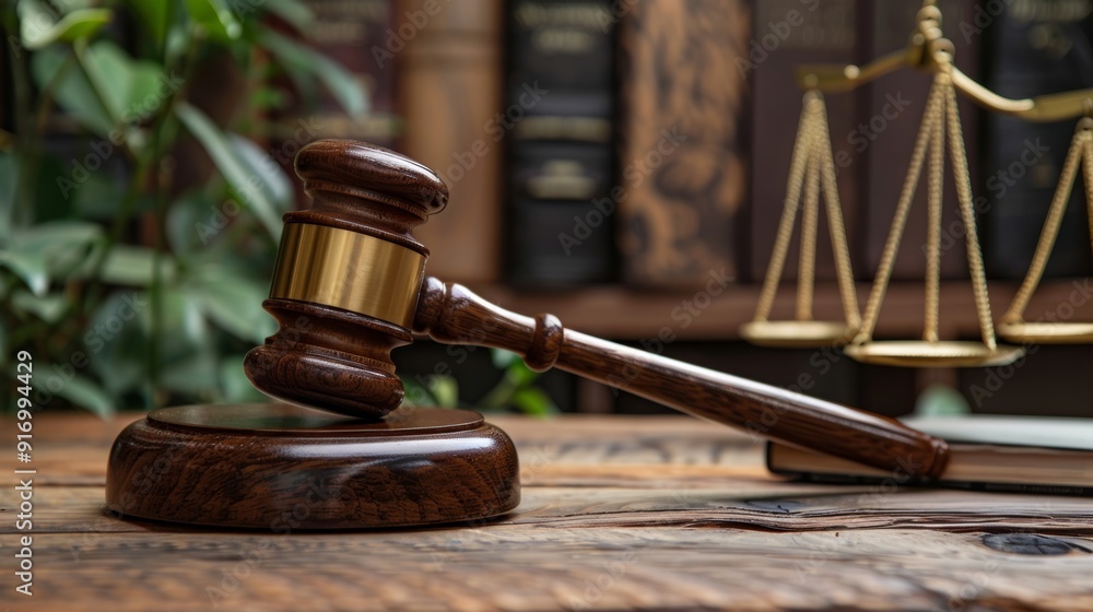 A wooden gavel and sound block sit on a wooden table, scales of justice are in the background A wooden gavel and sound block sit on a wooden table, scales of justice are in the background